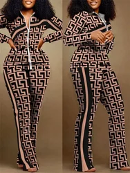 2025 Spring Autumn Two Piece Sets Women Geometric Print Zip Up Top Coat Pants Set Outifits Fashion Tracksuit Casual Elegant Suit