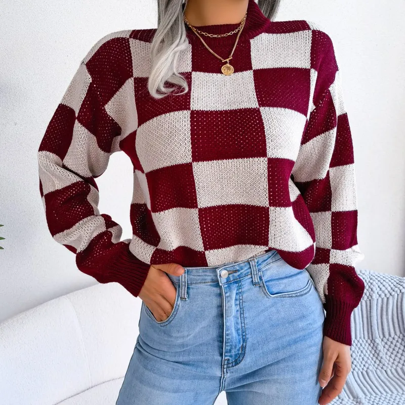 

Contrast Color Plaid Pullover Sweater Women Autumn Winter Checkered Knitted Sweaters Female Fashion Vintage O Neck Jumpers Tops