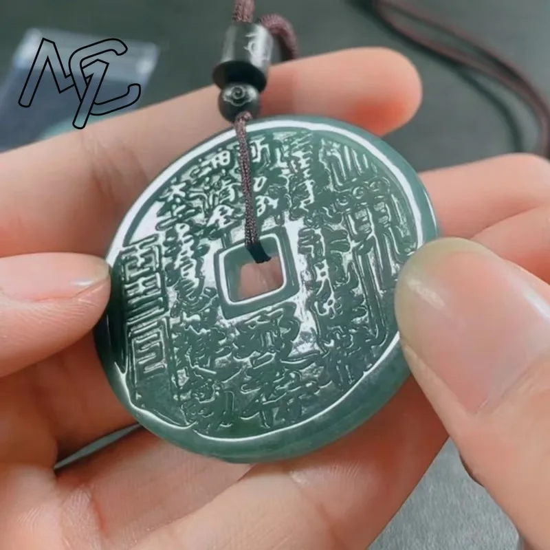 Natural Burmese Emerald Jade Blue Water Mountain Ghost Coin Pendant Jadeite Amulets Designer Fashion Charm Jewelry Gifts Women 2