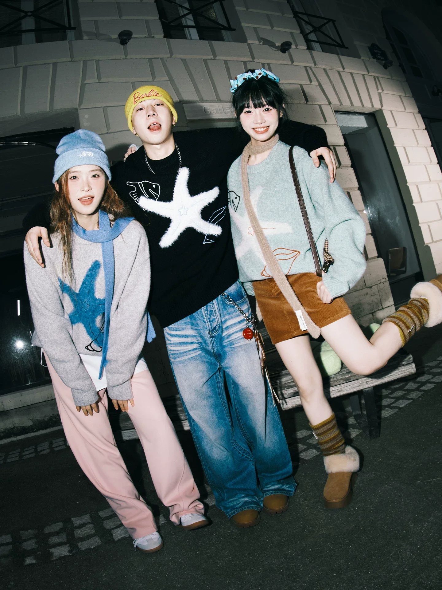 

American Sle Starfi Embroidery Knitwear round Ne Pullover for Couples Men's Loose Fit Long Sve Warm Casual Top