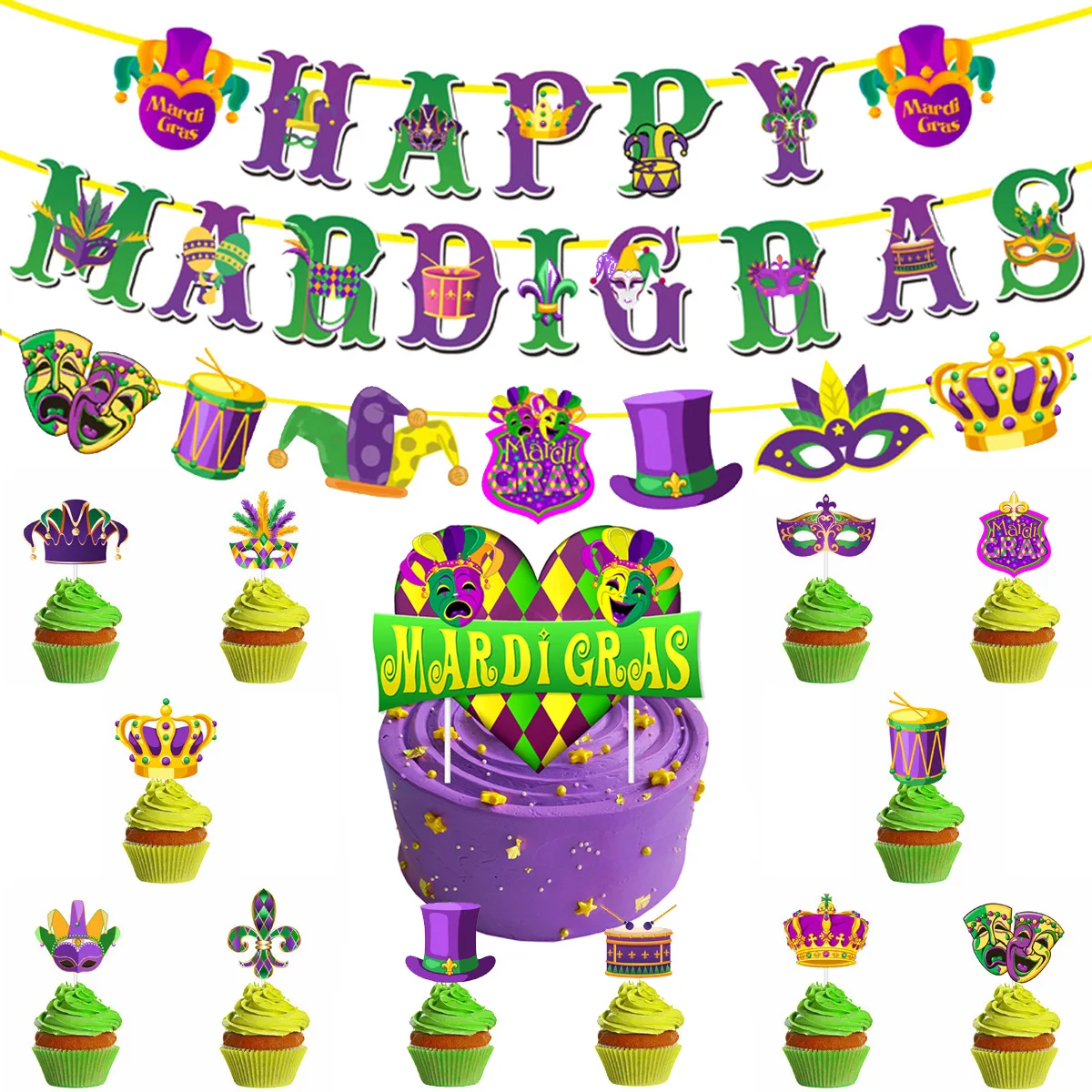 

Happy Mardi Gras Theme Party Background Spiral Hanger Balloon Paper Glasses Photo Props for Mardi Gras Party Decoration