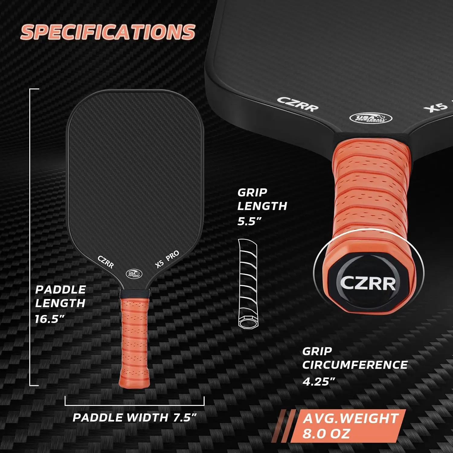 Pickleball-Superficie de fibra de carbono 3K en bruto (CFS), alta grano y giro, con Honeycom de polipropileno de 16MM, aprobado por EE. UU.