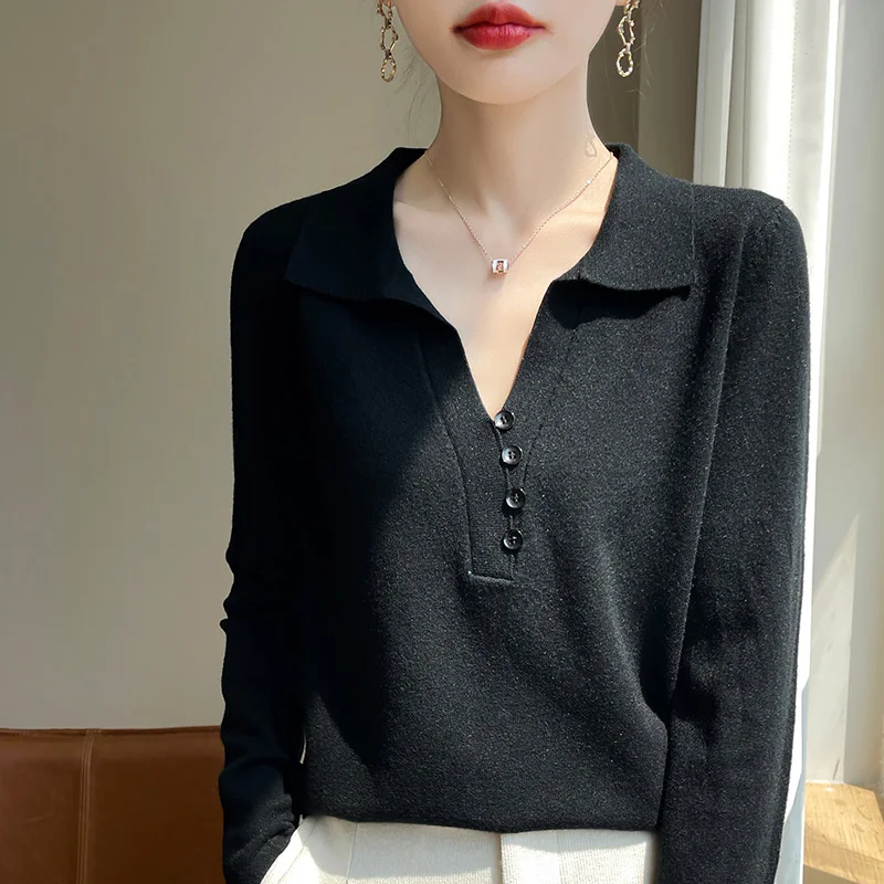 Autumn and winter new 100% pure wool women\'s polo neck sweater loose fashion solid color long sleeve knitted cashmere sweater.