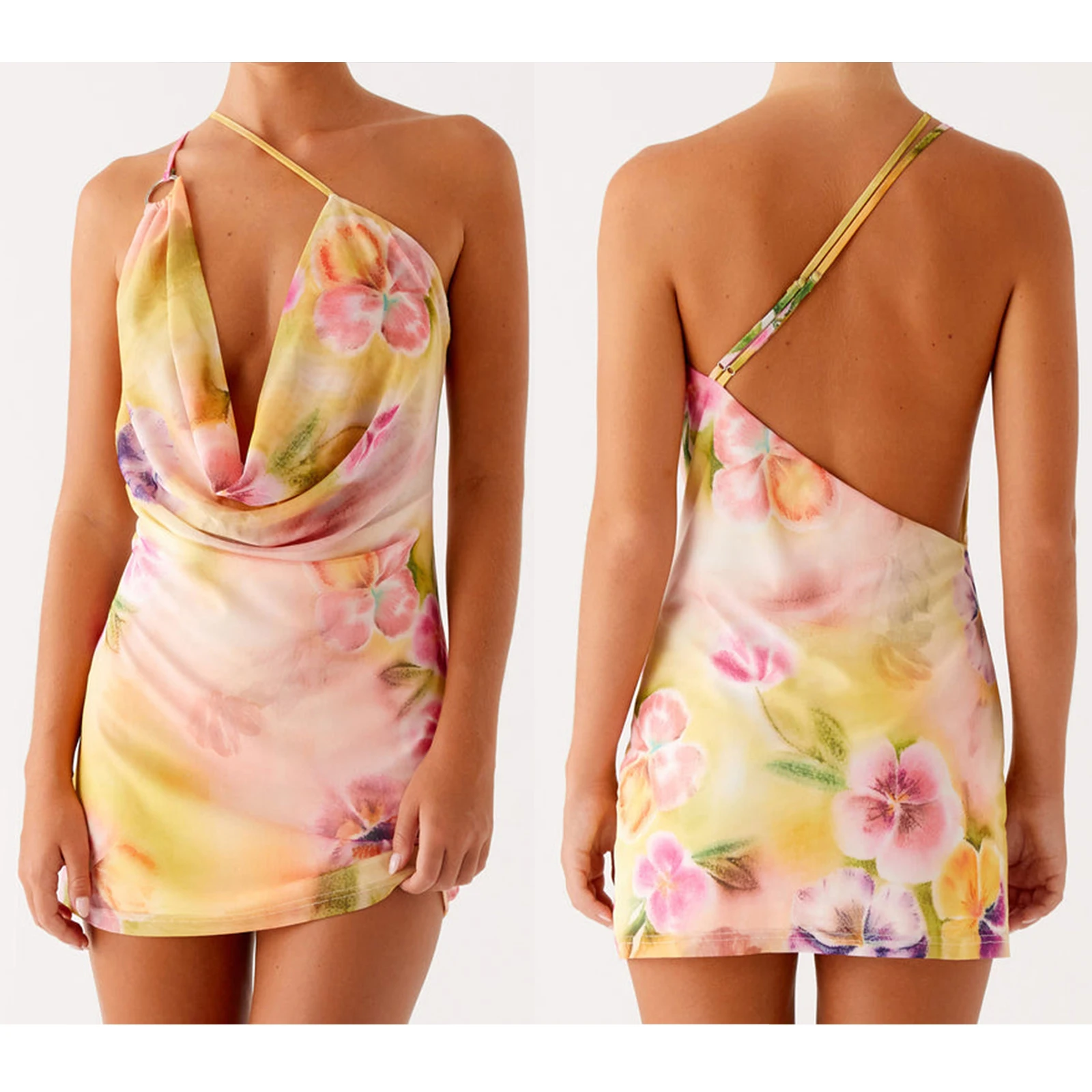 Mulheres halter malha sheer floral mini vestido capuz pescoço gravata sem costas vestido de malha curto y2k bodycon aberto volta noite vestidos de festa