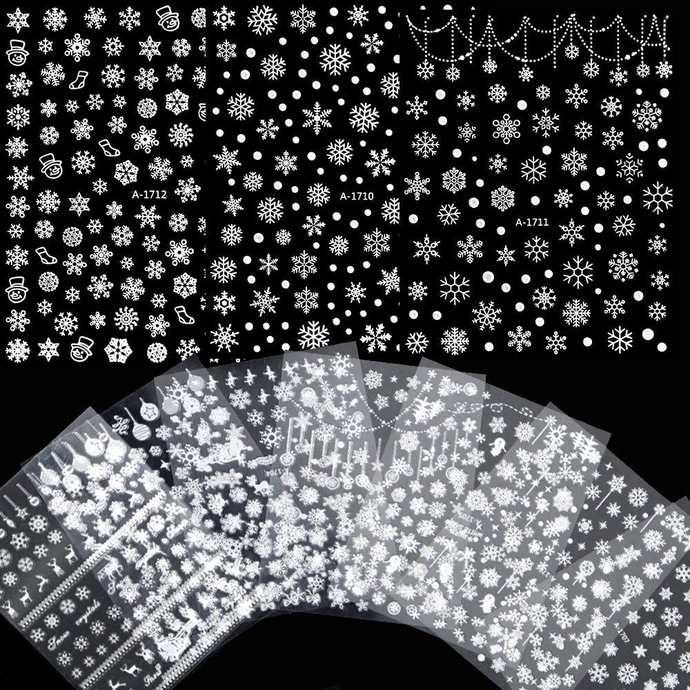 12 Pz/kit 3D Natale Fiocchi di Neve Bianchi Adesivi per Unghie Misto Hollow Fiocco di Neve Decalcomanie per Unghie Autoadesive Fiocco di Neve di Natale Slider