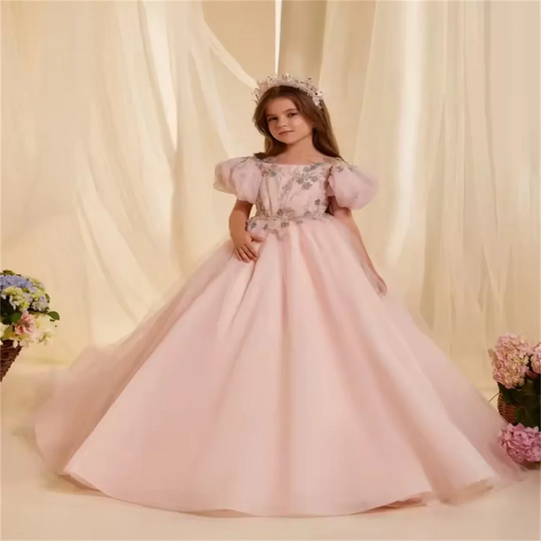 

Customized Pink Embroidery Beaded Lace Princess Gown For Gilrs Birthday Party Cute Sweet Bow Kids Dresses Children's Day Perform