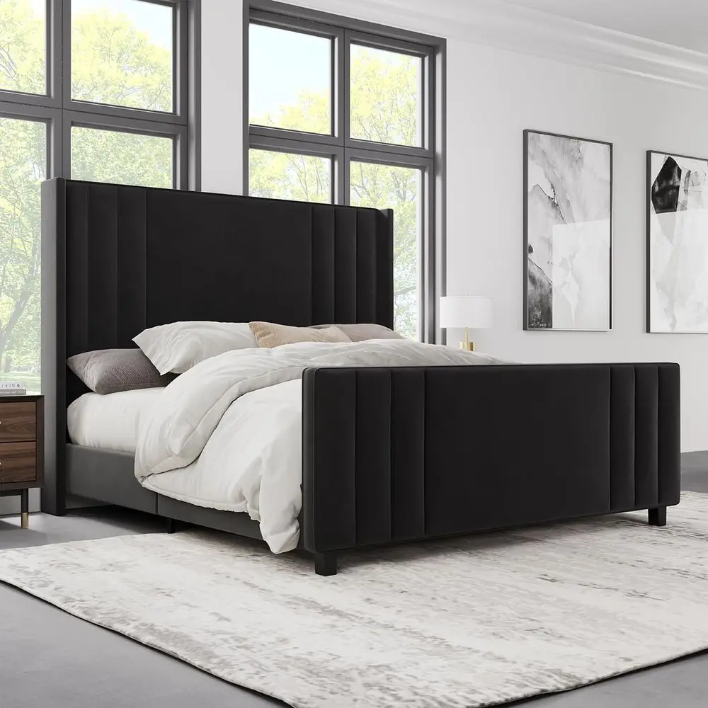 

King Size Platform Bed Frame, Upholstered Bed with Vertical Channel Tufted Wingback Headboard amp Footboard, Premium Velvet, No