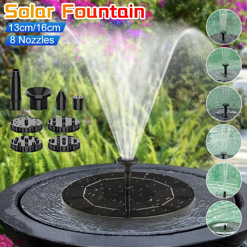 

13/16cm Solar Fountain Pump Floating Solar Panel Bird Baths Water Fountain with 8 Nozzles For Outdoor Garden Pool Pond Decor
