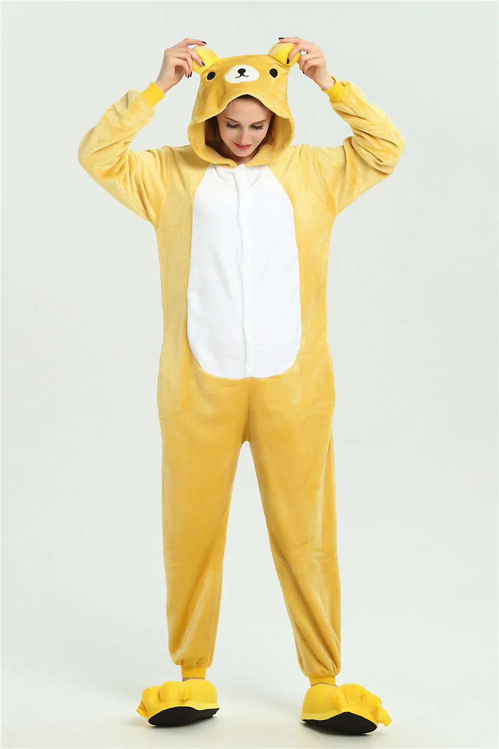 Cute Yellow Lazy Bear Hooded Flannel One-piece Hooded pajamas Button Onesie Couple Cosplay Sleepwear with Pockets