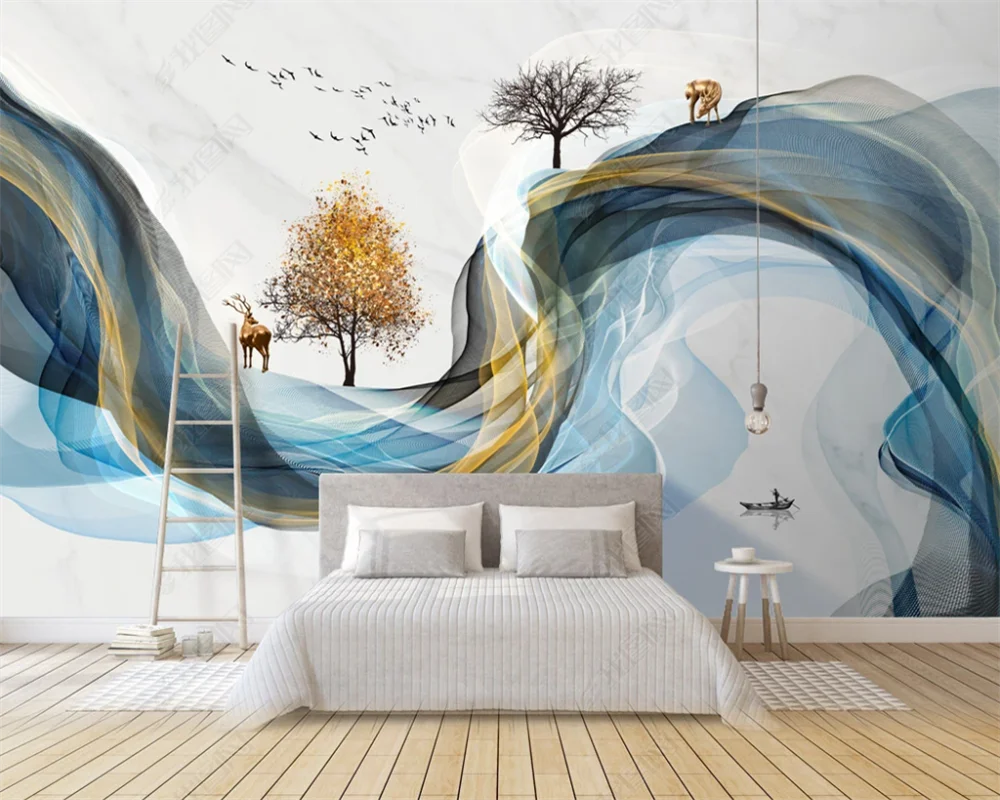 beibehang Nieuwe Chinese stijl handgeschilderde persoonlijkheid behang abstracte lijnen gemarmerd artistieke conceptie landschap behang