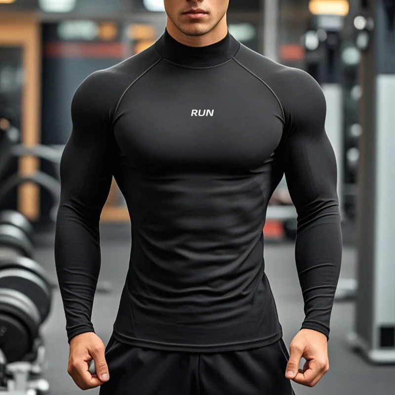 الرجال تشغيل الياقة المدورة التجفيف السريع طويلة الأكمام تي شيرت الربيع الخريف ضغط قميص الرياضة اللياقة البدنية ضيق القمم تيز #1