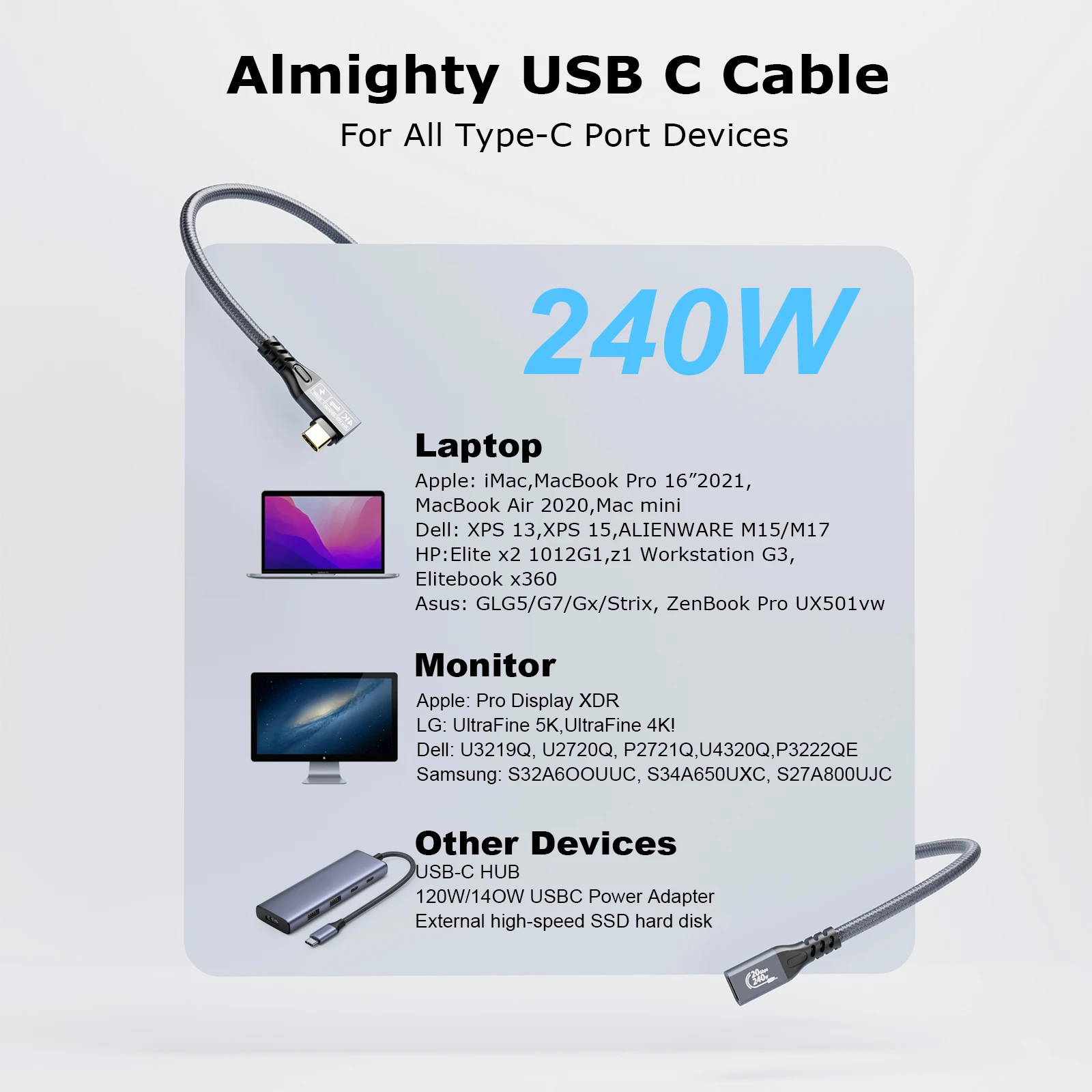 USB 3.2 Extension Cable 20Gbps 240W  Gen2 Thunderbolt 90Degree  Cable USB C 4K Vidio Type C 5A 240W Type-C Quick Cable