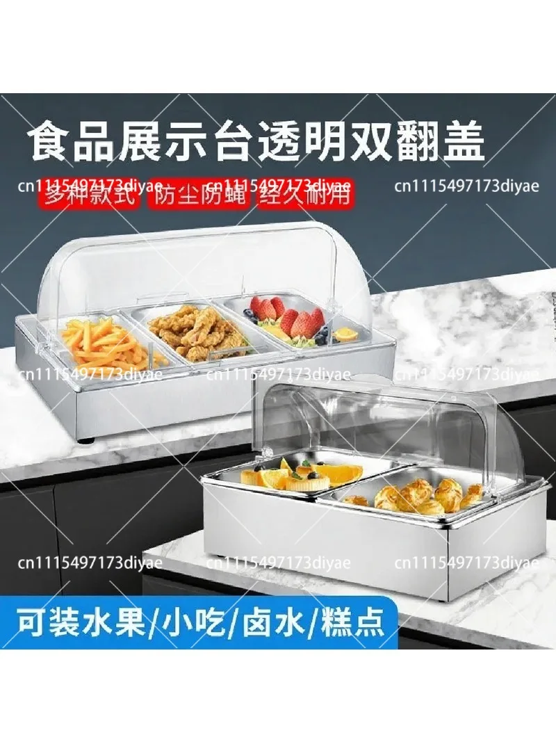 Stainless Steel Chilled Display Stand with Ice Tray, Transparent Fresh-Keeping Flip Cover, Buffet Dust Cover for Food Serving