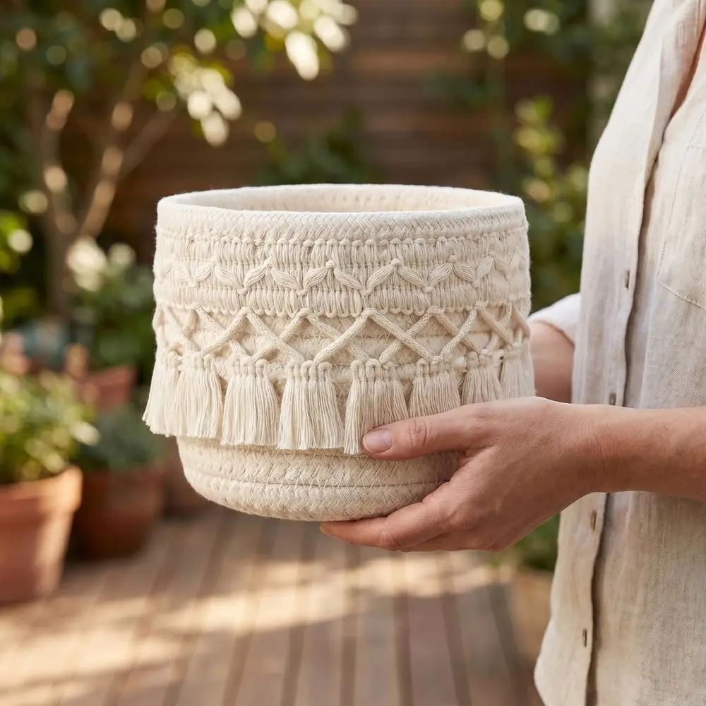 

Cotton Rope Woven Storage Basket Round Bohemian Style Tassels Storage Basket Lightweight Makeup Brush Storage Box Bathroom