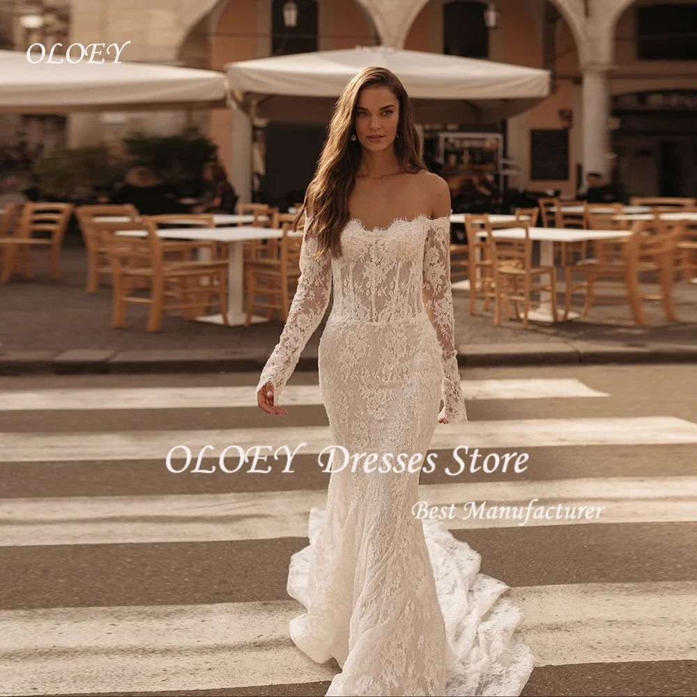 

OLOEY кружевное винтажное свадебное платье русалки с открытыми плечами, длинные аппликации, элегантное платье невесты с длинными рукавами по индивидуальному заказу 2026