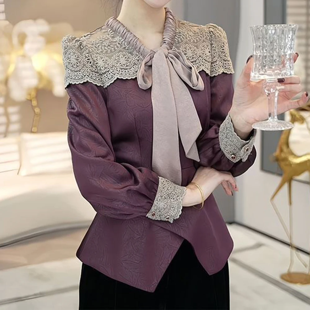 Stylish shirts, women's new autumn and winter, light luxury, high-end, popular lace streamer long-sleeved tops this year