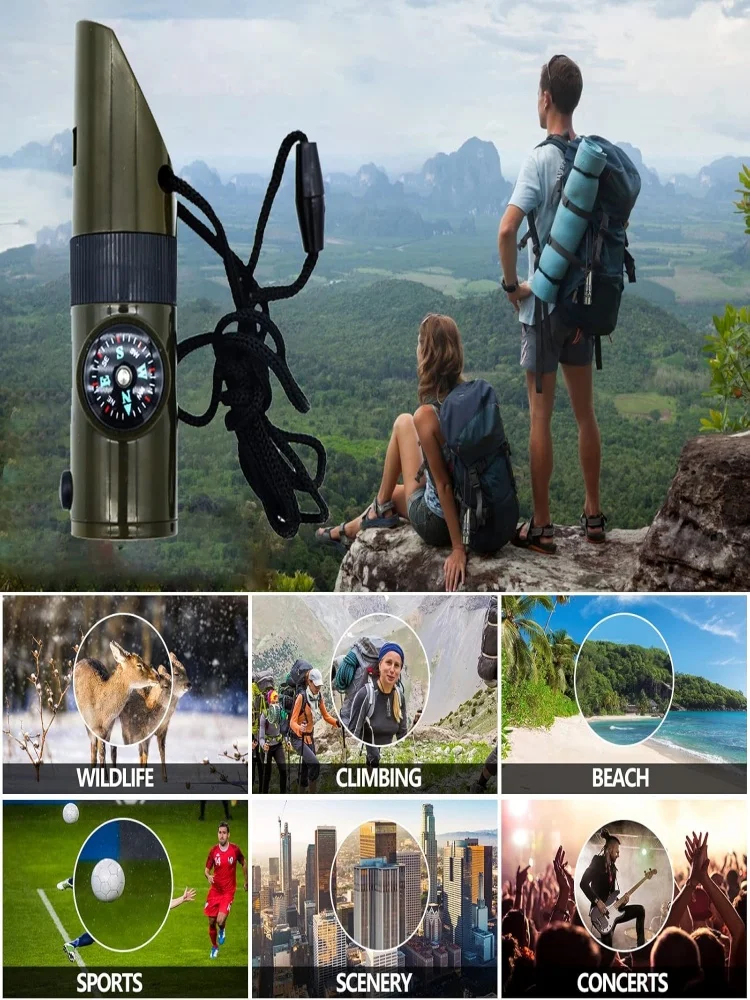 صفارة إنقاذ خارجية، صفارة أمان مع بوصلة، مصباح يدوي LED، عاكس، عدسة مكبرة، مثالية للتخييم والمشي لمسافات طويلة #3