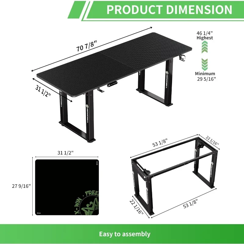 مكتب قائم بارتفاع كهربائي قابل للتعديل، 71 بوصة × 31.5 بوصة مكون من 4 أرجل مريح للجلوس والوقوف باللون الأسود