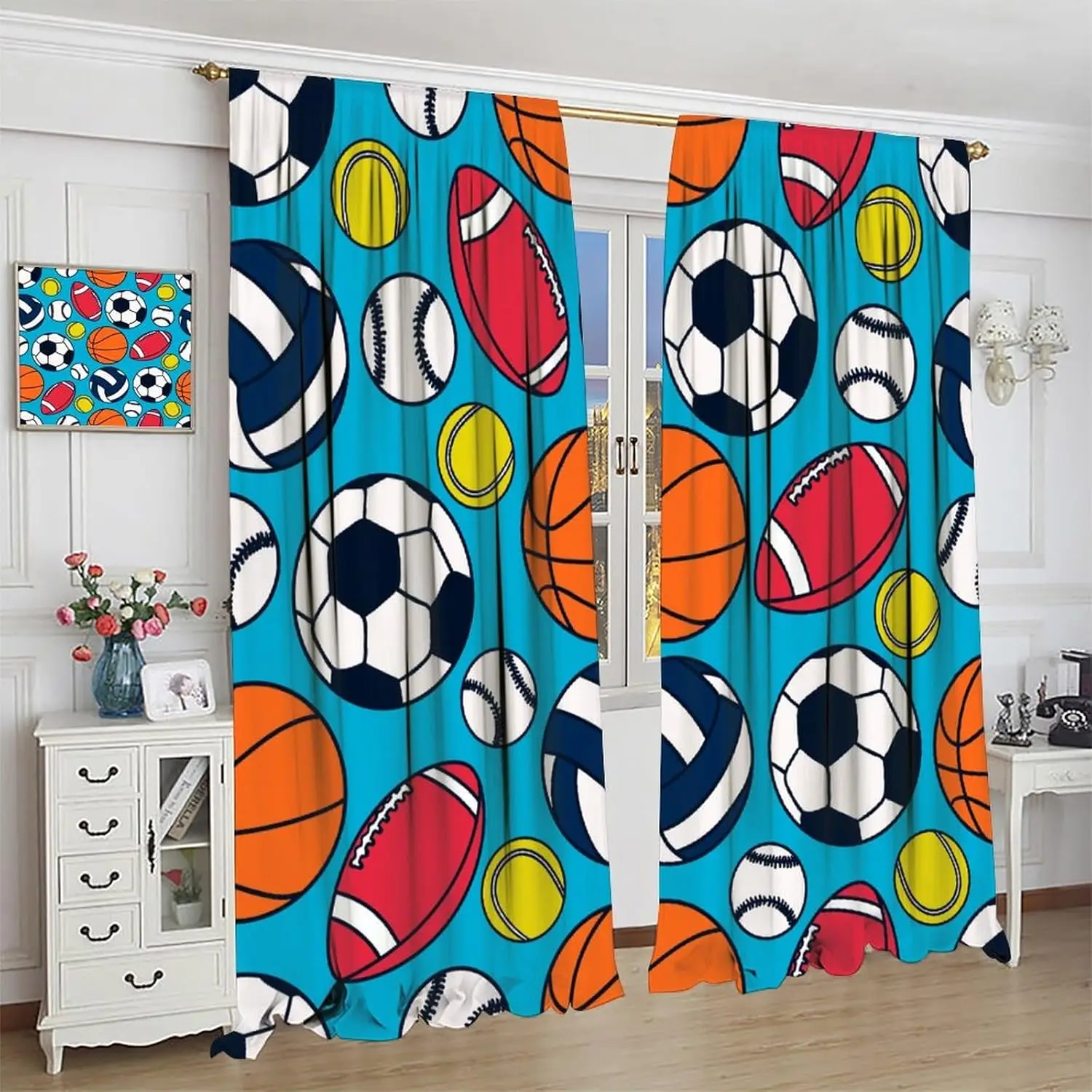 Kids Sports Curtains,Cartoon Colorful Basketball Football Rugby Baseball Tennis Window Treatments for Kids Boys Girls Bedroom