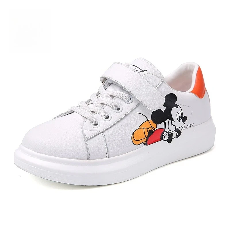 

2025 Mickey Mouse Girls Shoes, Genuine Leather White Sneakers for Kids Korean Style Casual Wear