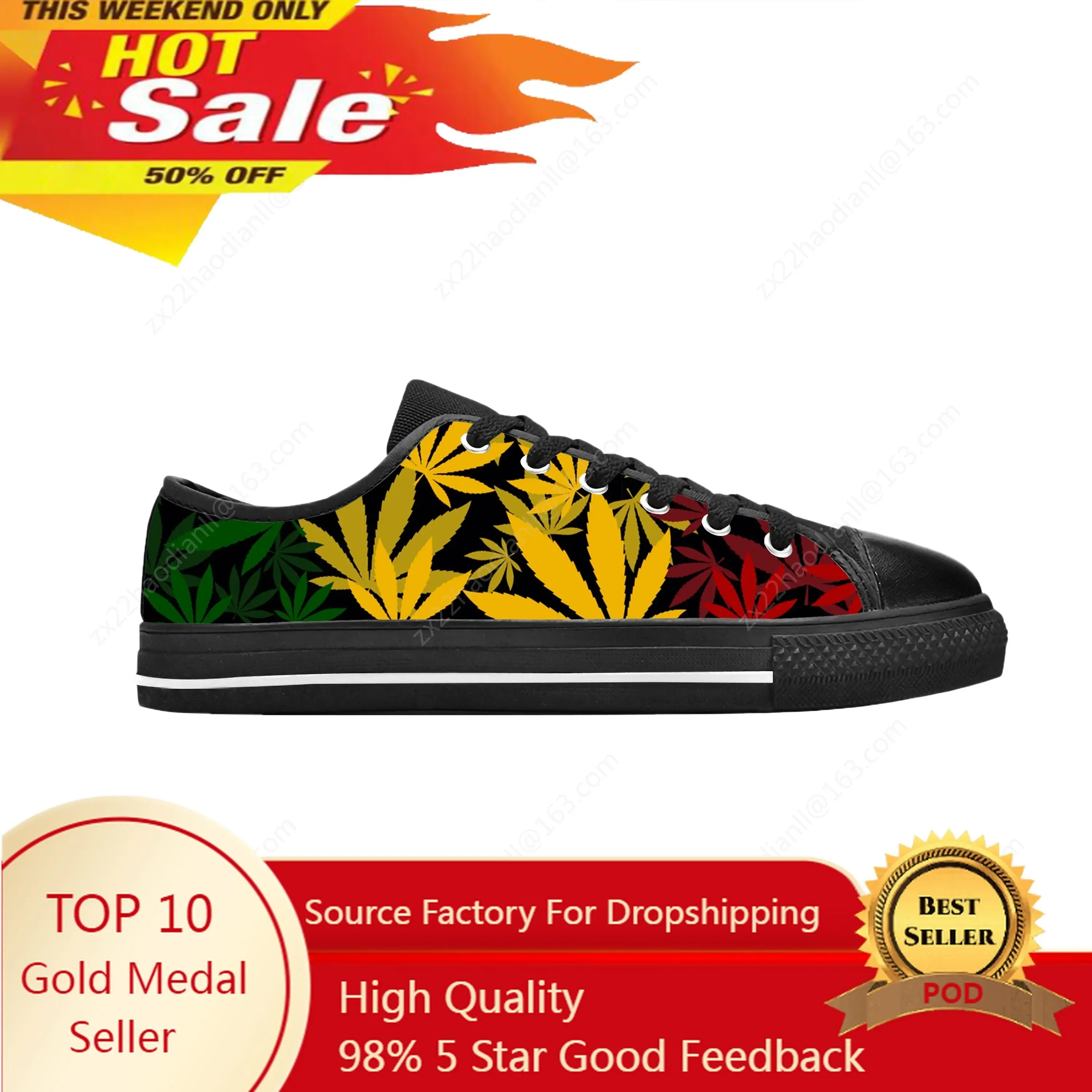Reggae Rasta Leaf Weed Hemp Marijuana Rastafarian Casual Cloth Shoes Low Top Comfortable Breathable 3D Print Men Women Sneakers