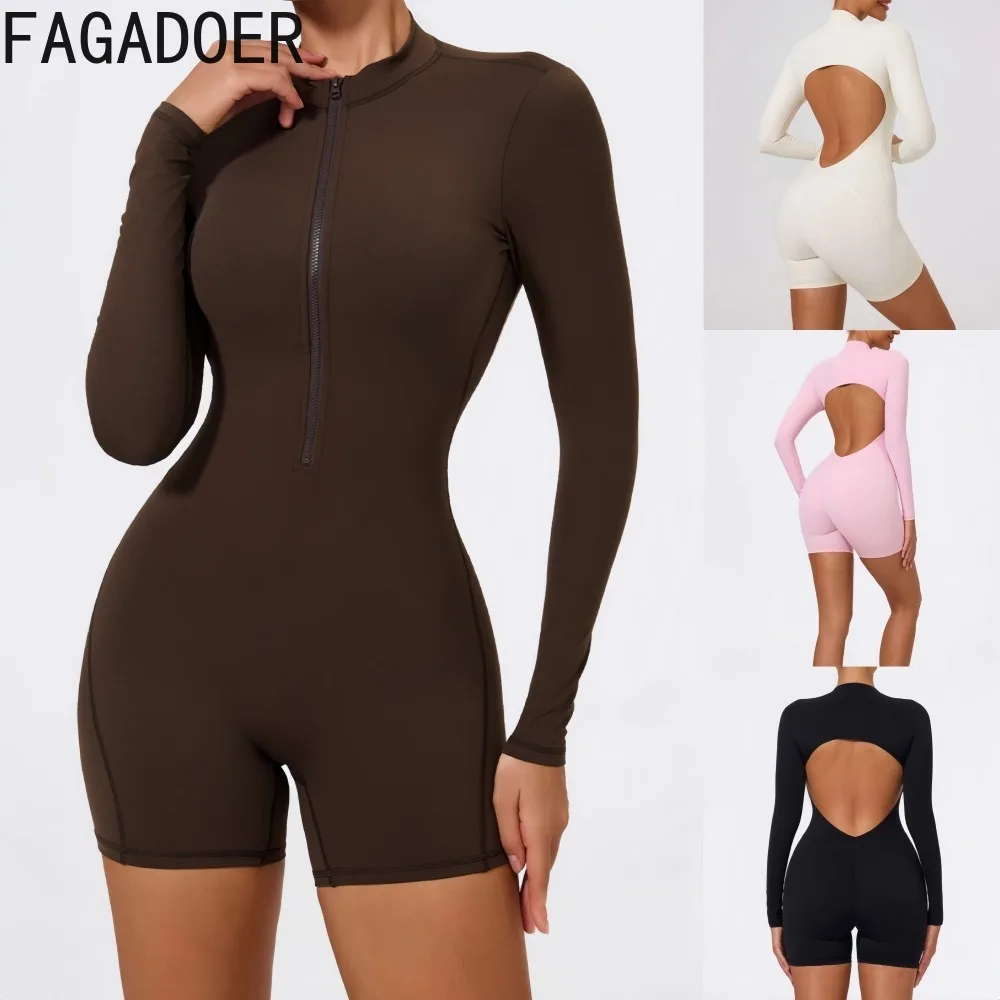 

FAGADOER модные спортивные облегающие комбинезоны для женщин, однотонные комбинезоны с длинными рукавами и молнией с открытой спиной, женские уличные комбинезоны