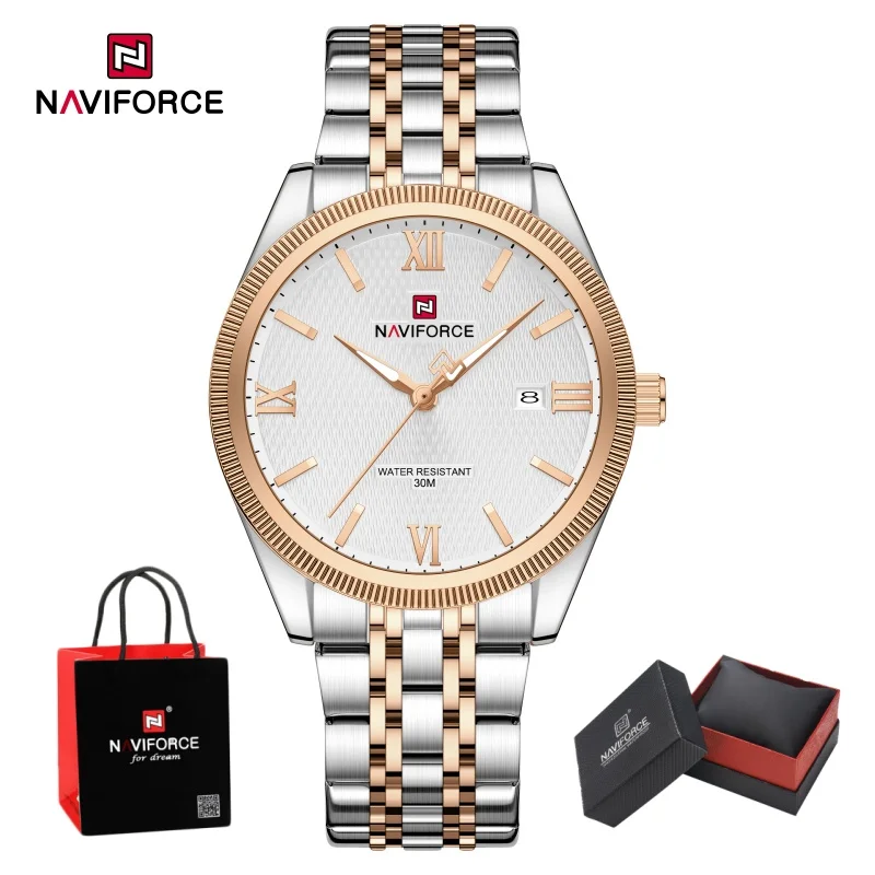 NAVIFORCE Simple Fashion Men Watch Quartz 3ATM Waterproof Date Display Steel Strap Male Business Daily Wear Wristwatch Gifts Box