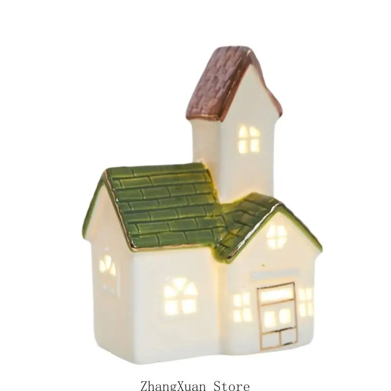 Eingangstisch-Weihnachtsschmuck, Keramik-Dorfhaus-Akzent mit warmer Innenbeleuchtung für die winterliche Regalpräsentation 3XUF – Detail 9