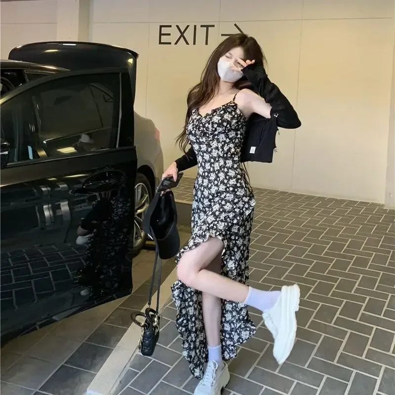 민소매 드레스 여성 꽃 사이드 슬릿 Sundress Bodycon 레트로 불규칙한 프레리 소녀의 달콤한 섹시한 레트로 하라주쿠 디자인 쿨
