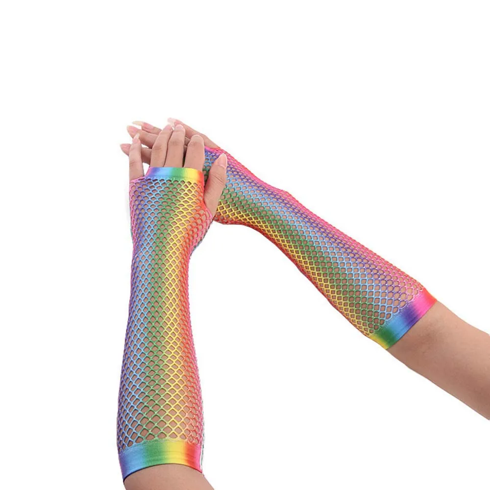 Korean Elasticity Party Girl For Women Long Half Finger Rainbow Color Gloves Arm Sleeves Fishing Net Gloves Nylon