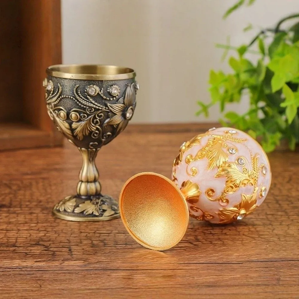 Flower Embossed Metal Chalice Goblet European Style Rhinestone Vintage Wine Cup Medieval Decorative Vodka Champagne Liqueur Cup