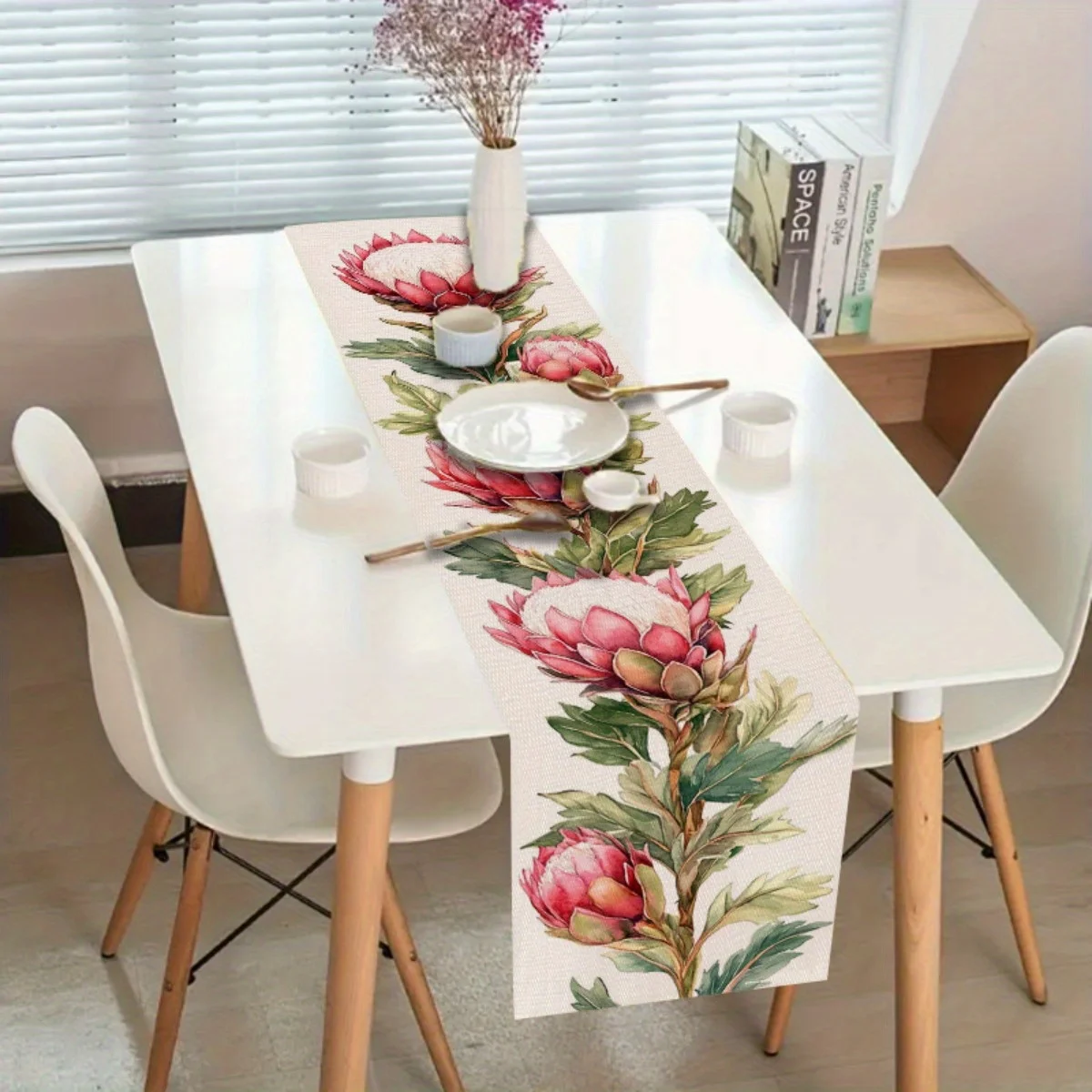 1pc Elegant Protea Flowers & Lush Green Leaves Table Runner - Romantic Valentine'S Day Design,with Vibrant Pink & White Flowers
