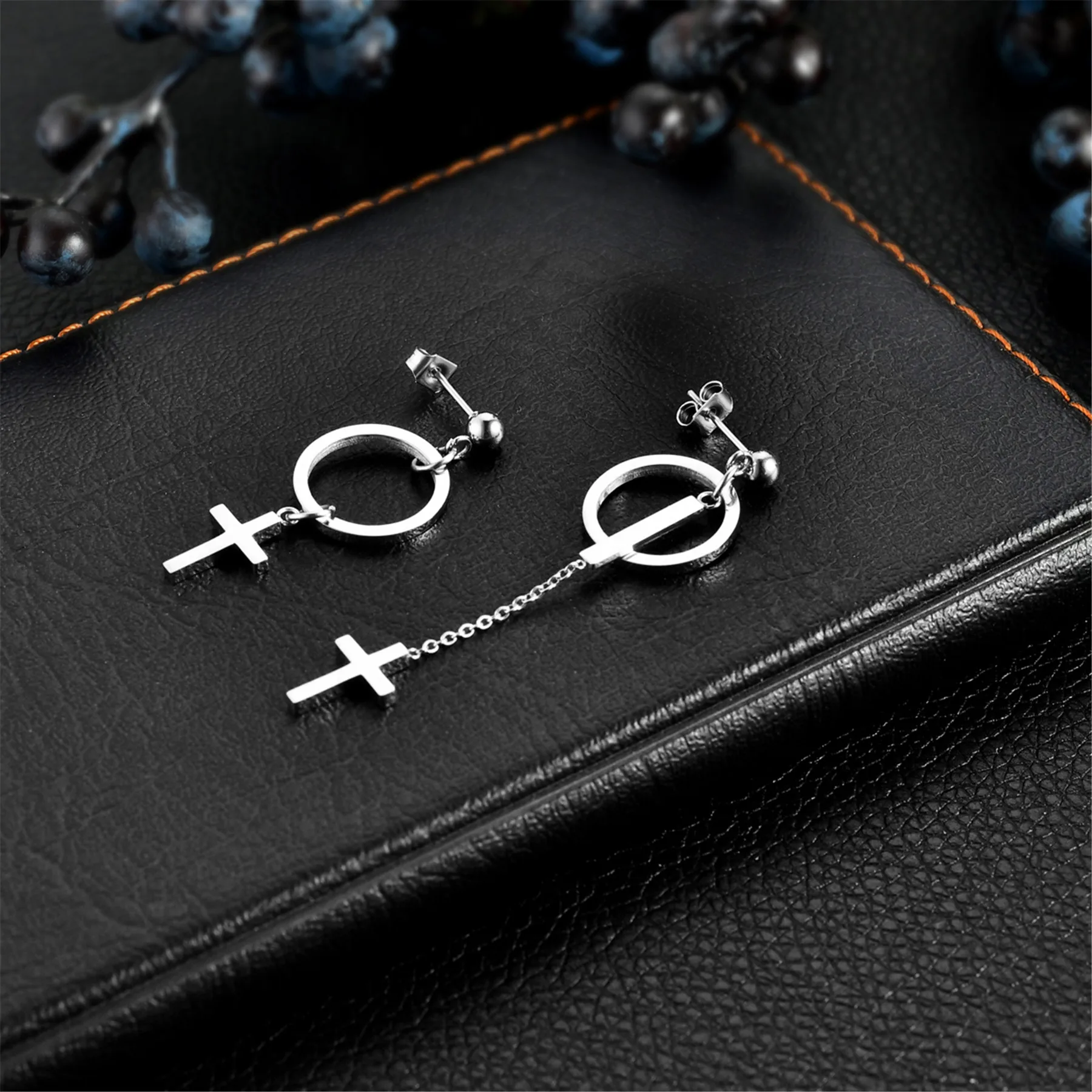 Boniskiss 2022 Unique Personality Stainless Steel Cross Circle Ladies Asymmetric Long Earrings Silver Color Jewelry Gift