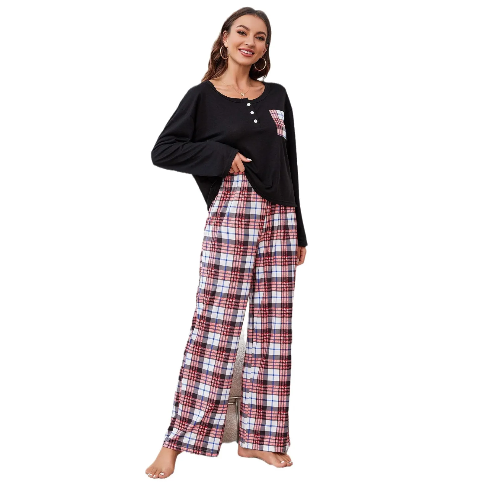 New Women's Pajama Set for Autumn and Winter Casual Plaid Long Pants Long Sleeved Loungewear Sleepwear for Sleeping Women