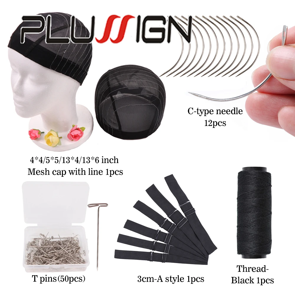 Wig Cap For Women 5Pcs/Set Wig Install Kit Stretchable Mesh Dome Cap Hair Weaving Thread T/C Needles And Adjustable Elastic Band
