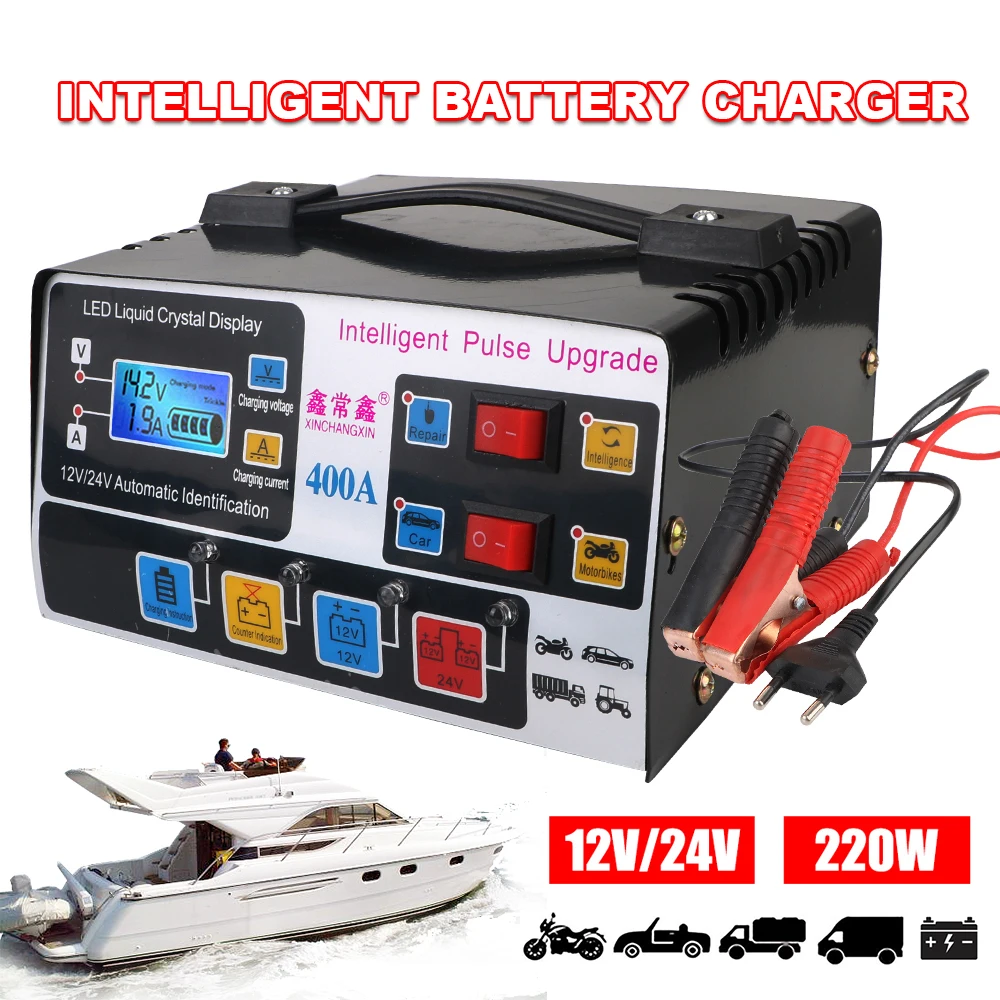 

220W High Power Boat Chargers 12V 24V Batteries Automatic Switch Charging Pulse Repair Digital Storage Cell Car Battery Charger