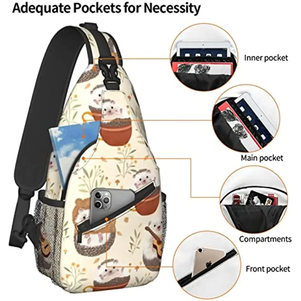 حقائب صدر للجنسين من القنفذ، حقيبة ظهر كروس بحمالة للسفر والمشي لمسافات طويلة للنساء والرجال، حقيبة كتف للرياضة الكاجوال