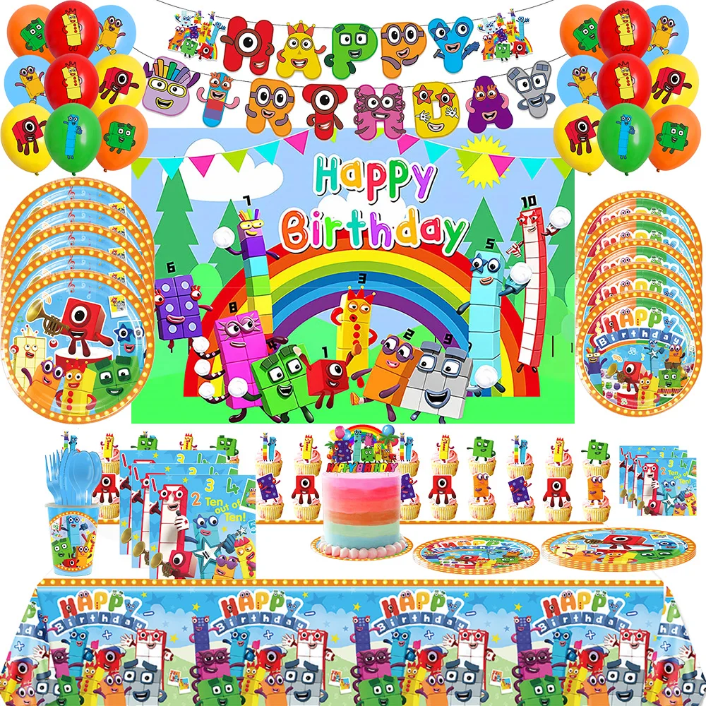 Numberblocksed Theme Party DecorationsNumber Building Blocksed Tablecloth Tableware Balloon Background Cake Topper Party Supplie