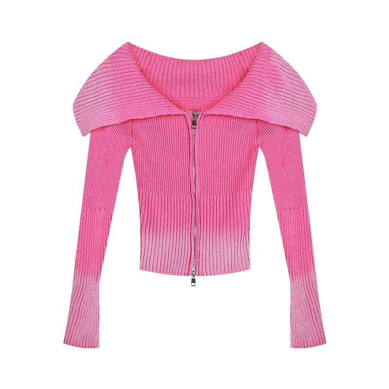 2024 Autumn Casual Slash Neck Women Sweaters Turn Down Collar Long Sleeve Pullovers Sweet Chic Fashion Zipper Jumpers