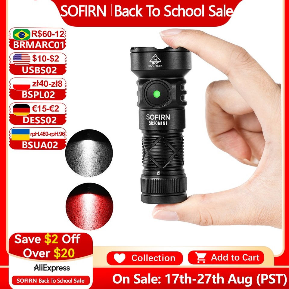  Sofirn SR20 MINI 18350 USB C Rechargeable Flashlight 1200lm Powerful EDC Torch CSP2323 LED Light 5700K White and Red Light 