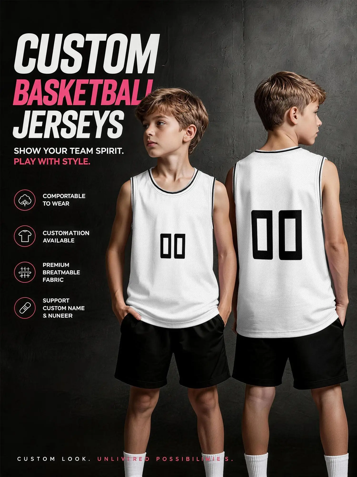 Minimalist White Contrast‑trim Custom Basketball Jersey, Basic Breathable Mesh Vest With Custom Number & Name
