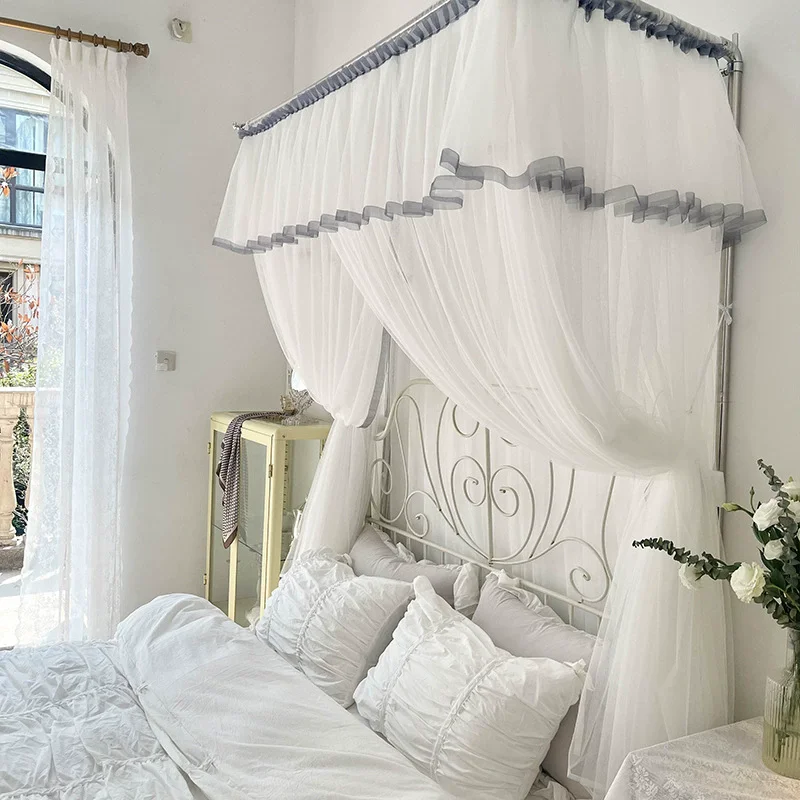 U Type Retractable White Mosquito Net for Home Decor with Bracket Girls Room Princess Palace Bed Curtain Tent 1.2 1.5 1.8 2.0M