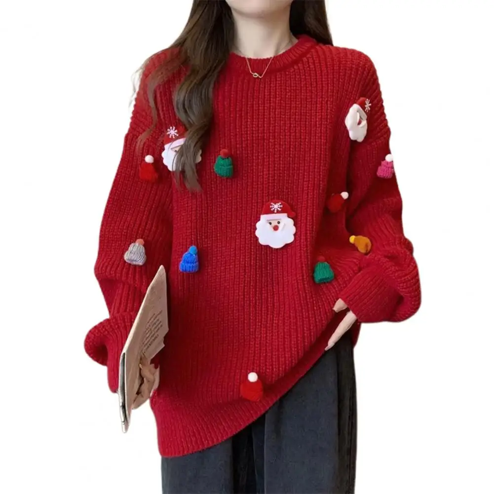 Loose Style Sweater Festive Santa Claus Christmas Sweater for Women Cozy Knit Xmas Hat Design Loose Fit Round Neck Long Sleeve