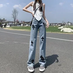 Vintage Cross Embroidery Y2k Baggy Jeans Women Aemican Style Streetwear Trousers High Waist Wide Leg Women's Denim Pants