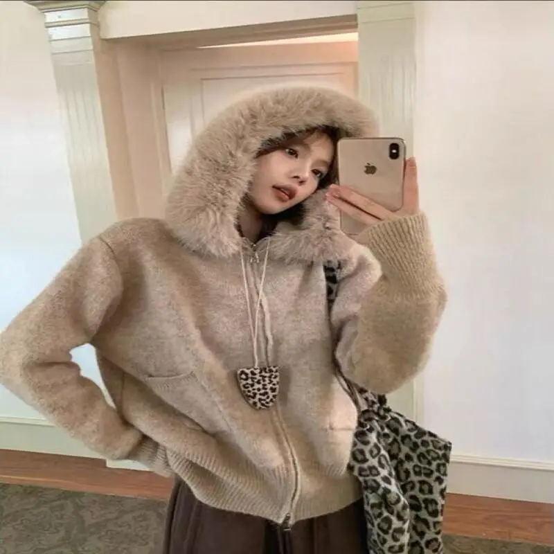Coat Korean Style Commuter Office Worker Retro Gentle Fur Collar Hooded Sweater Autumn and Winter Soft Knitted Cardigan Coat
