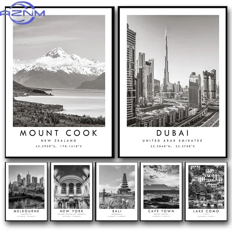 Black White Travel City Poster Dubai Prague Sydney Perth Tokyo Print Canvas Painting Wall Art Picture for Living Room Home De