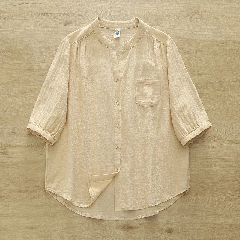 New 2025 Summer Cotton Yarn Half Sleeve Shirt, Women V Neck Solid, Mori Girl Soft Breathable Versatile Loose Blouse T55369CC