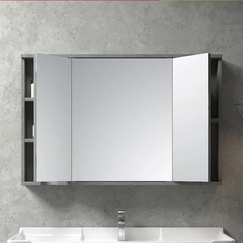 Solid wood feng shui sliding mirror cabinet, hidden bathroom mirror box, bathroom mirror with rack, dressing, wall-mounted