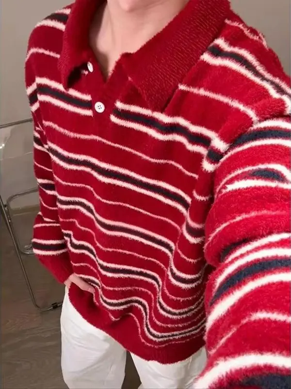 

Ретро-свитер в полоску, свободного кроя, повседневный, вязаный, теплый, мягкий, с длинными рукавами, осенне-зимний, для отдыха, парный топ