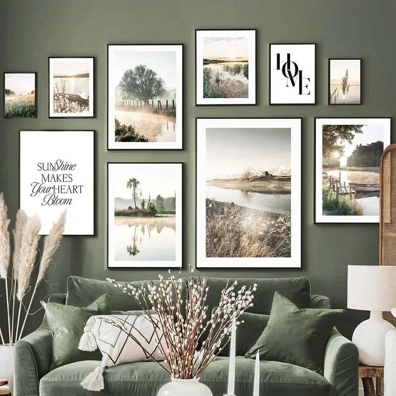 

Classic ArtPoster Canvas Painting Green Grassland Tree White Flower River Home Living Room Decorative Wall Picture No Frame